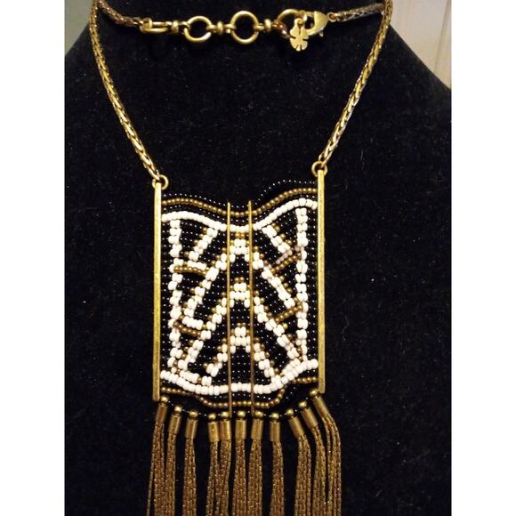 Lucky Brand Necklace Long Beaded Fringe Chest Plate Gold Black White Boho - Picture 4 of 8